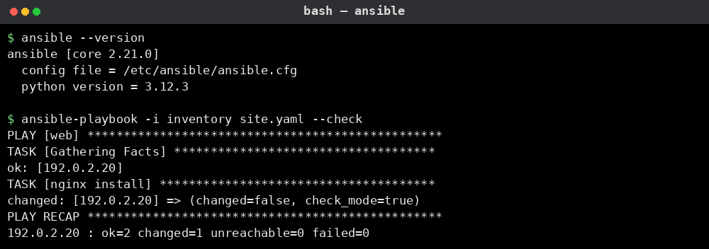 Ansible 예시: 버전 확인, 체크 모드로 플레이북 실행