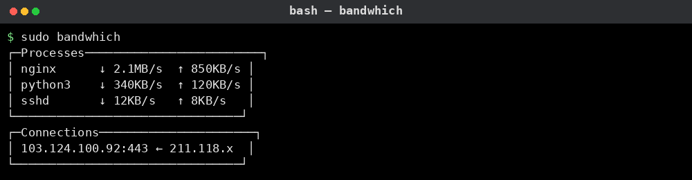 bandwhich 명령어 실행 결과