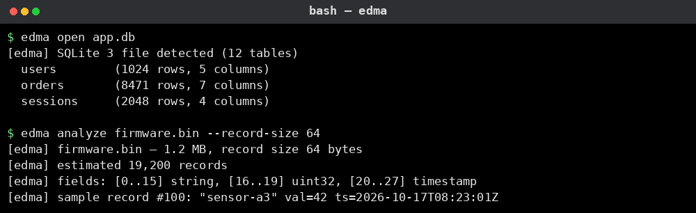 edma SQLite·바이트 레코드 분석 예시: app.db 12개 테이블, firmware.bin 레코드 추정