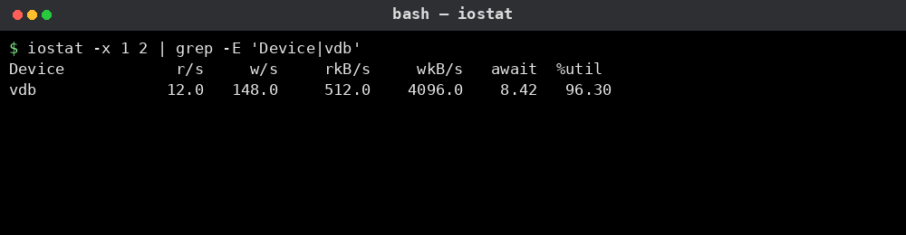 iostat 명령어 실행 결과: 디스크 I/O 통계