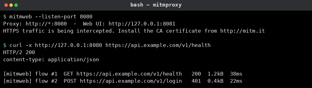 mitmproxy 예시: mitmweb 실행, 캡처된 API 요청 목록