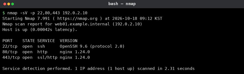 nmap 서비스 탐지 스캔 결과: 22/80/443 포트가 열려 있고 nginx·OpenSSH 버전이 표시되는 화면