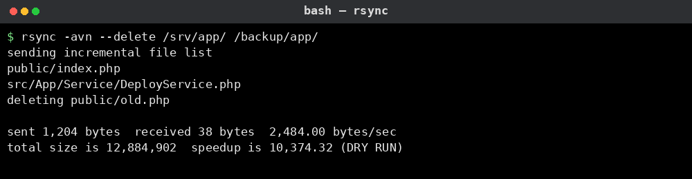 rsync 명령어 실행 결과: dry-run 증분 전송 목록