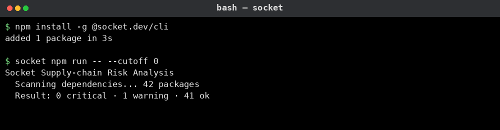Socket CLI 설치와 의존성 검사 예시