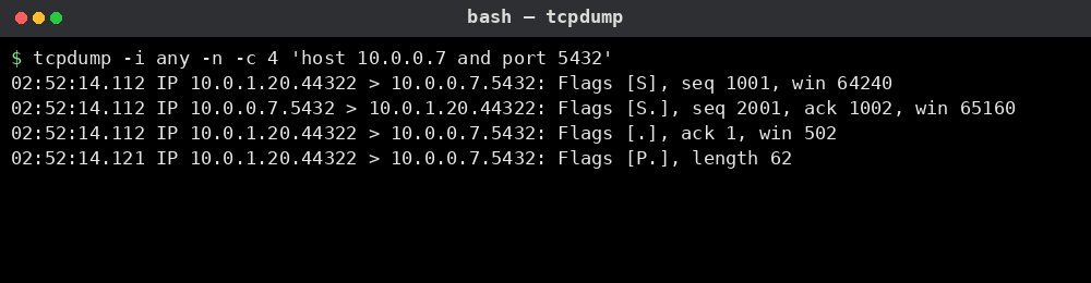tcpdump 명령어 실행 결과: DB 연결 패킷 캡처