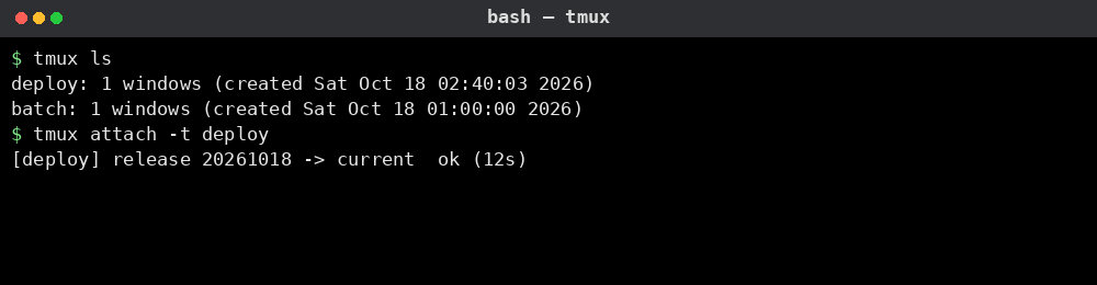 tmux 명령어 실행 결과: 세션 목록과 배포 진행